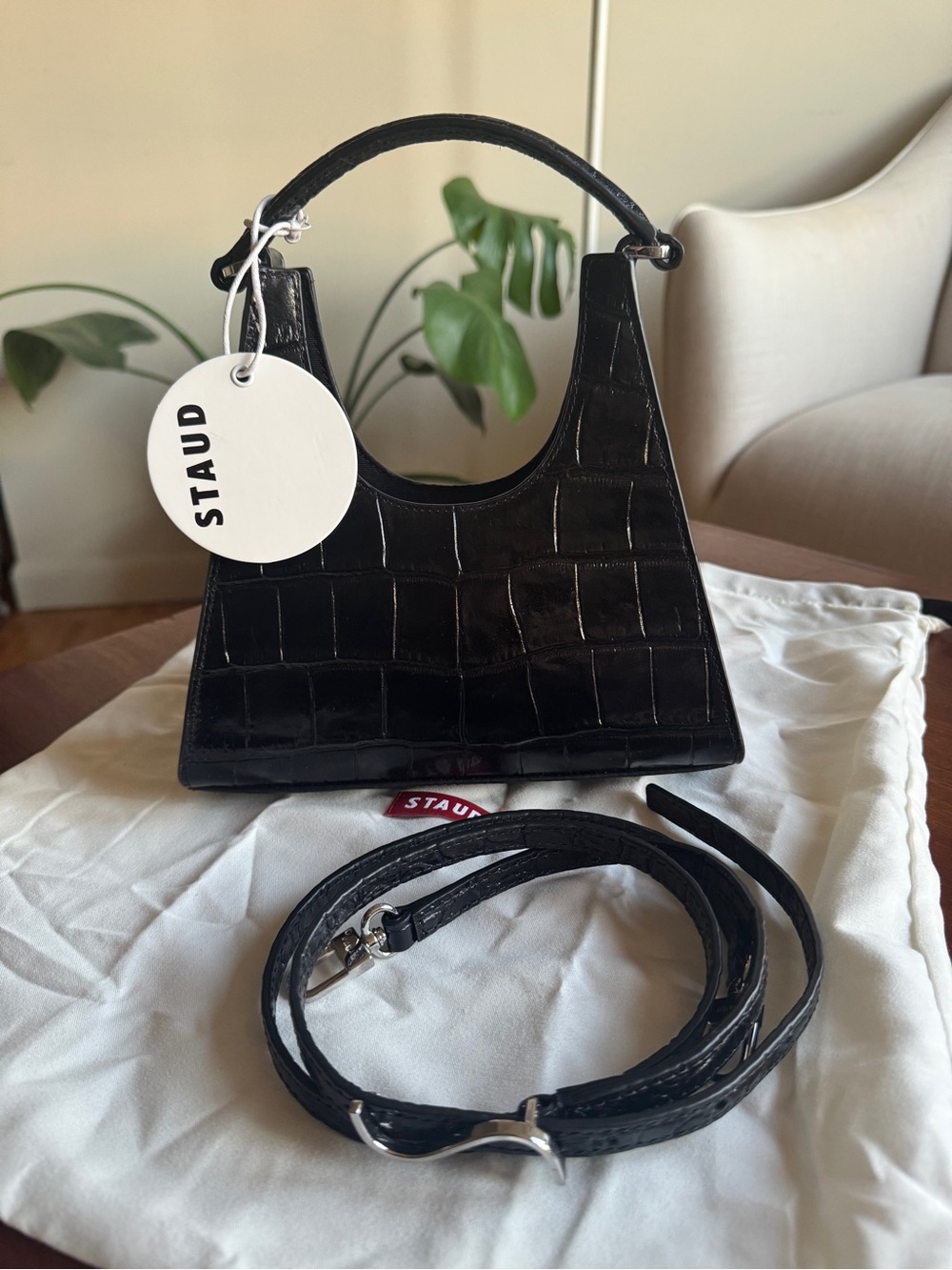 STAUD Black Croc-Embossed Mini Rey Shoulder Bag or Purse